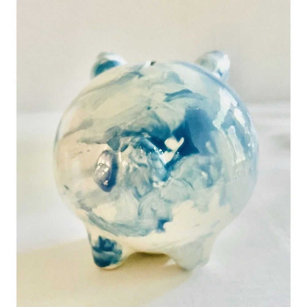 Handmade Ceramic Pottery Piggy Bank Blue White Swirled  Spongeware